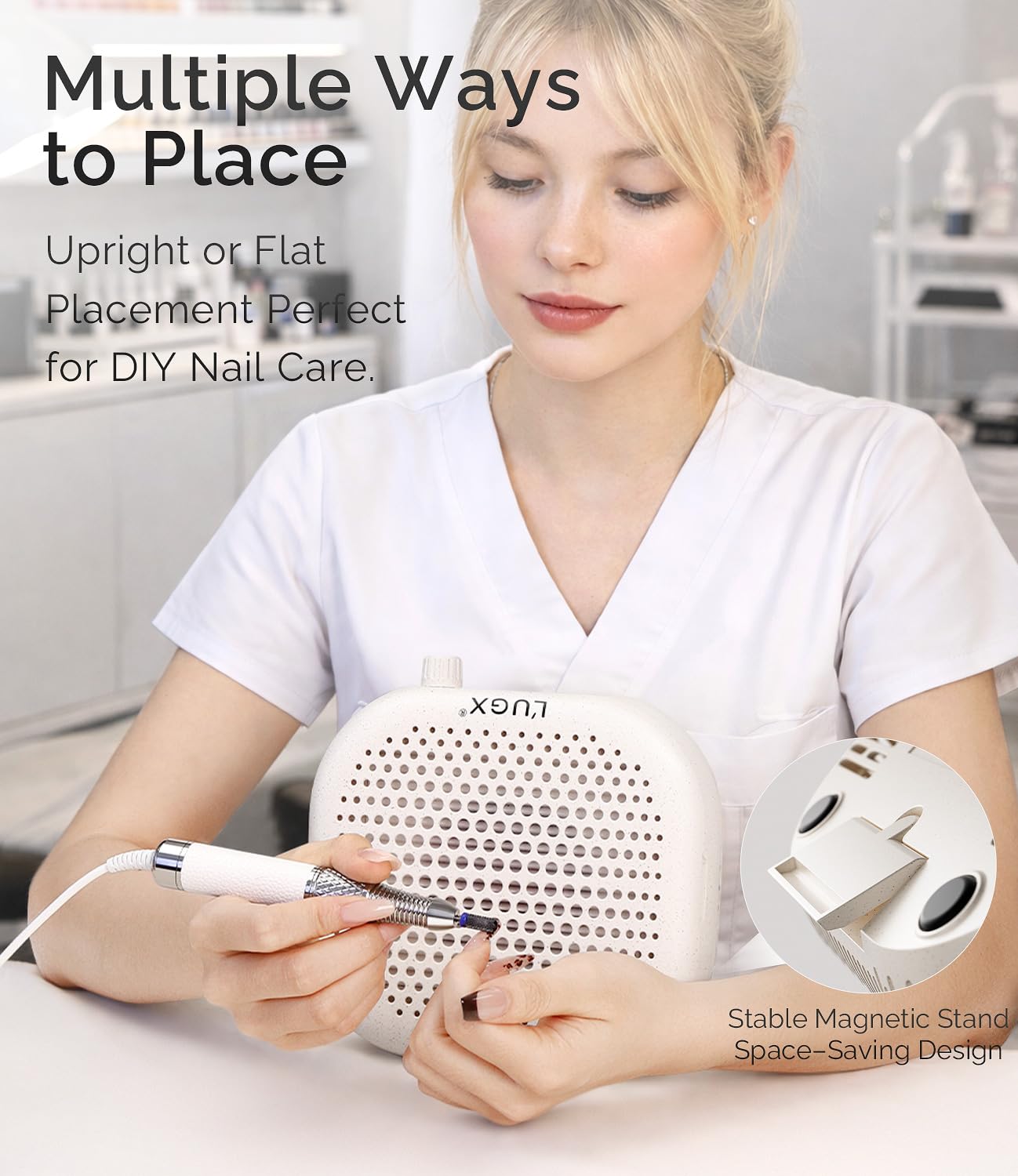 L'UGX Dust Collector Nail Tech – Compact Nail Dust Collector Profesional with Strong Suction, 10-Speed Turbo Fan, LED Display & Low Noise Nail Dust Cleaner for Home & Salon Use-Stardust Beige