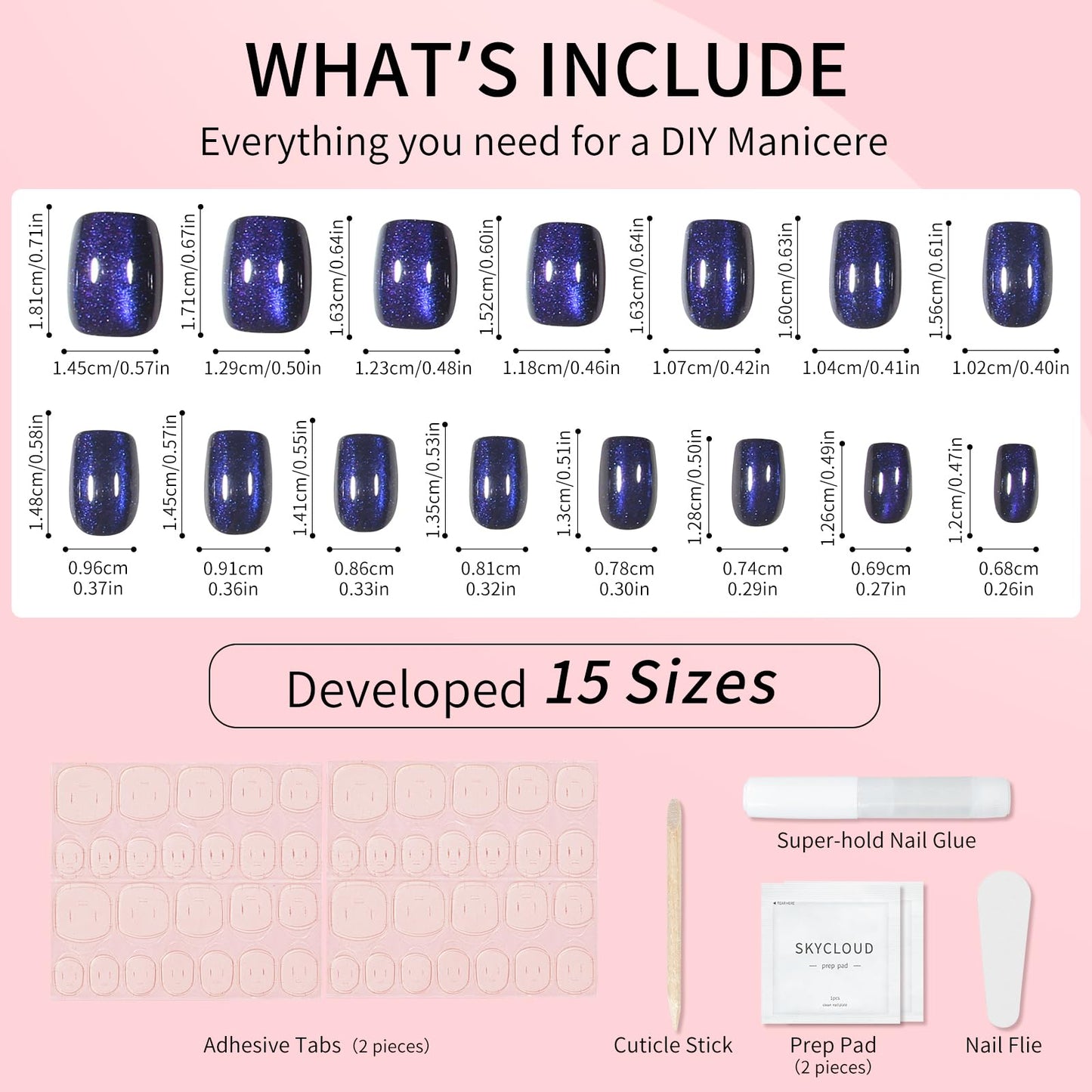 Navy Blue Cat Eyes Press On Nails,12 Sizes - 24 Pcs Soft Gel Blue Short Squoval Fake Nails Kit with Nail Glue, Natural Reusable Stick On False Nails for Women and Girls SK1061