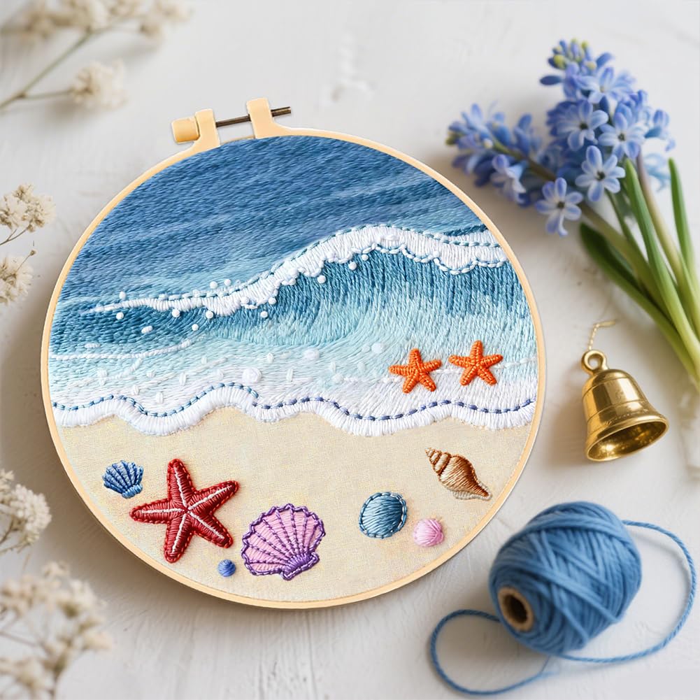 FREEBLOSS 4 Set Embroidery Kit for Beginners Adult Beach Stamped Embroidery Starter Kit with Instructions Needlepoint Accessories and Supplies for Craft Lover Hand Stitch, 2 Hoops 11.6"/29.5cm