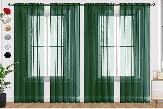 SpaceDresser Foliage Green Sheer Curtains 4 Panels Rod Pocket Semi-Sheer Curtain 84 Inches Long Light Filtering Voile Window Drapes for Bedroom Living Room Kitchen, Each 52W x 84L