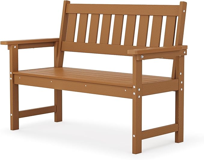 LUE BONA Outdoor Bench, 2-Person HDPS Garden Bench, Outdoor Benches Weatherproof, All-Weather Fade/Rot Resistant Patio Bench for Park, Front Porch, Backyard (Brown-Oil Printed)