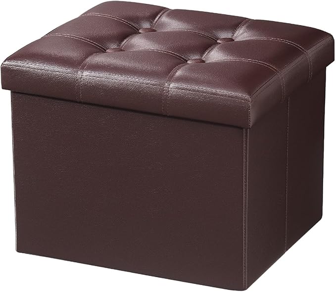 AmasSmile Storage Ottoman Folding Foot Rest Stool, Leather Footstool Bench, Short Ottoman Stool, Storage Foot Rest Store, Books (Brown, 17" D x 13" W x 13" H)