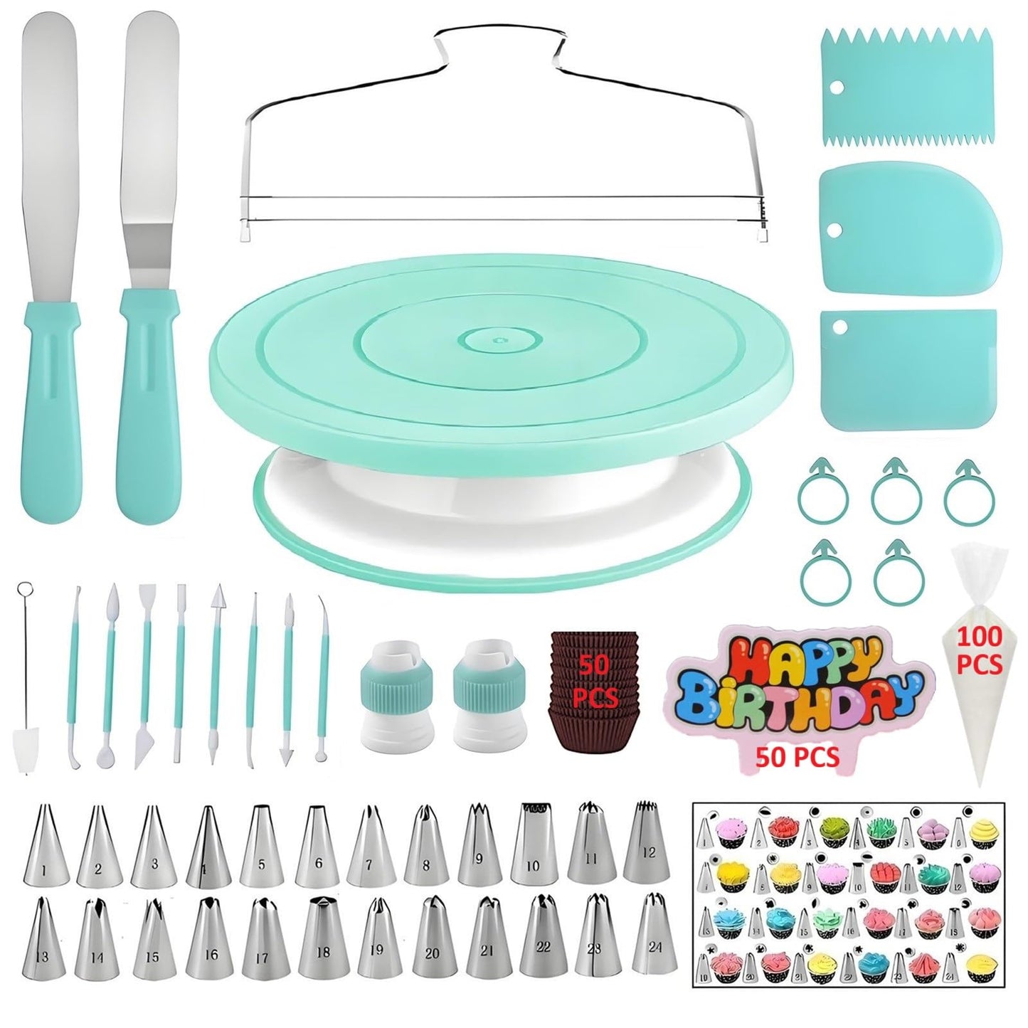 YOQXHY Cake Decorating Kit, 248 Pcs Baking Supplies Tools with Cake Turntable, Leveler, 24 Numbered Icing Tips, 2 Spatulas, 3 Scrapers, 2 Couplers, 50 Cupcake Liners, 100 Pastry Bags & More, (Green)