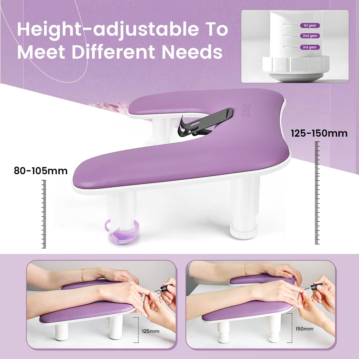 JODSONE Purple U-Shaped Manicure Arm Rest for Nails Tech with Rotating Phone Holder and Adjustable Nail Arm Rest Detachable Manicure Hand Rest for Salon Design