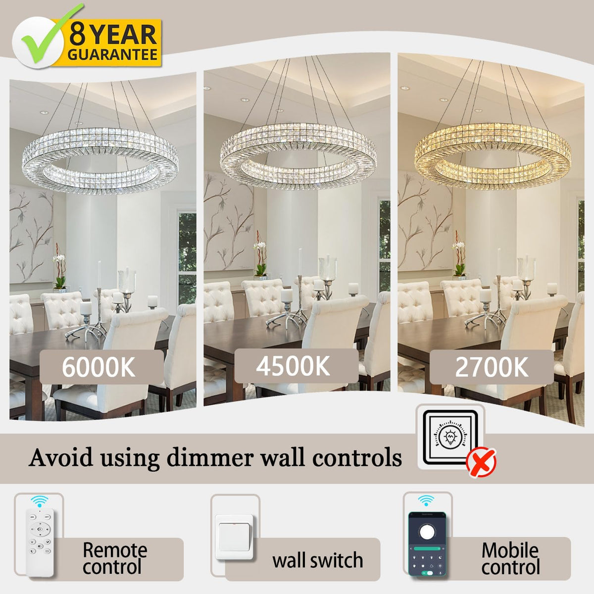 Dia 40" Modern Chandelier Ring Crystal Chandelier Adjustable Height Luxury Crystal Pendant Ceiling Light Fixture for Dining Living Room Bedroom