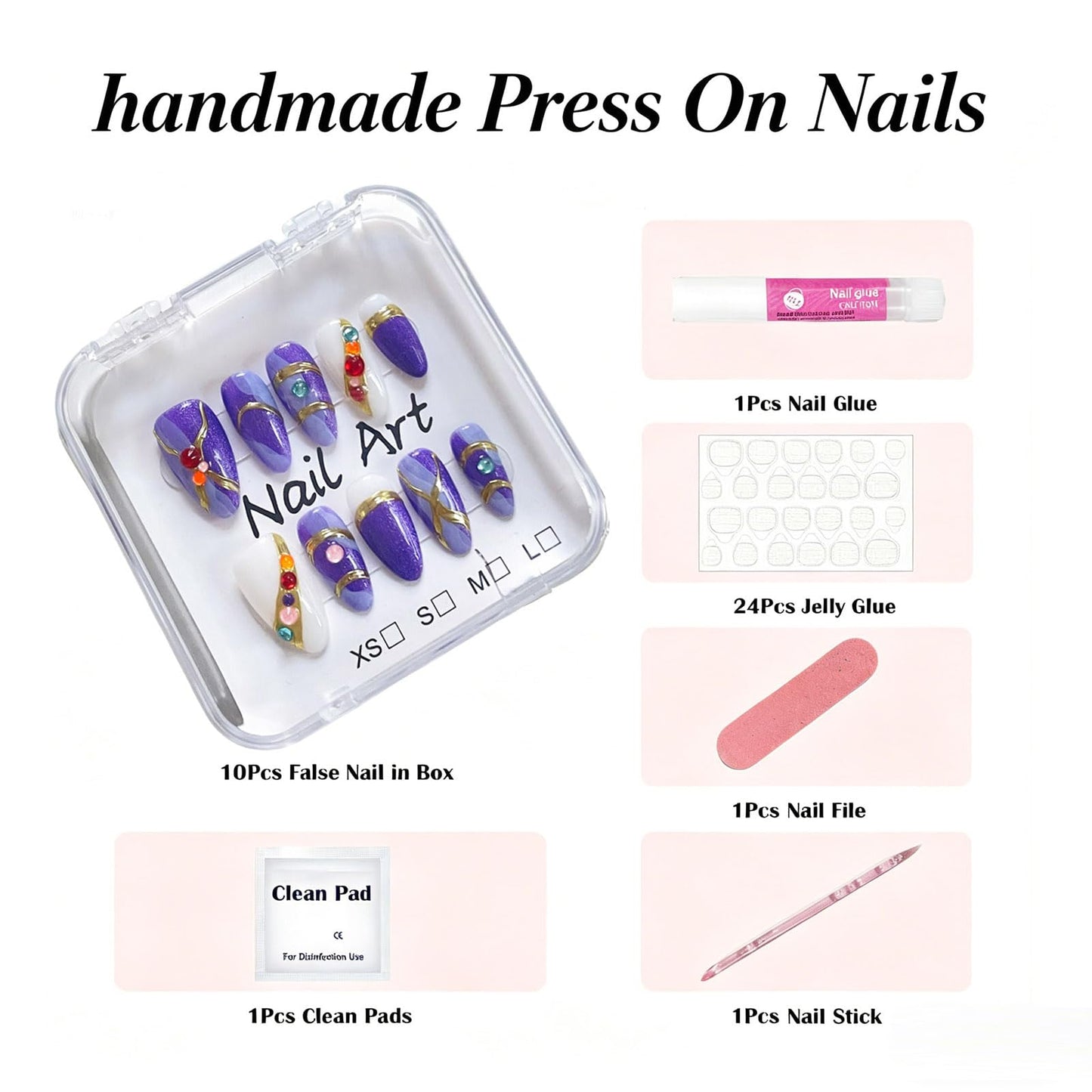 French Press on Nails Almond Handmade, Purple Glitter Metal Gemstone Luxury Romantic Date Style for Women 10 Pcs(Size M)