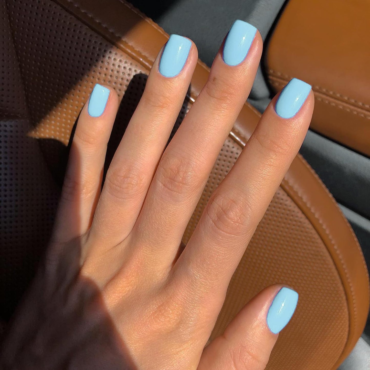 Baby Blue Press On Nails Short Square, KXAMELIE Natural Gel Nails Glue on Acrylic Nails Press ons Featured Protective Coat Thick Reusable Fake Nails Solid Color 24 Short Coffin Artificial Nails