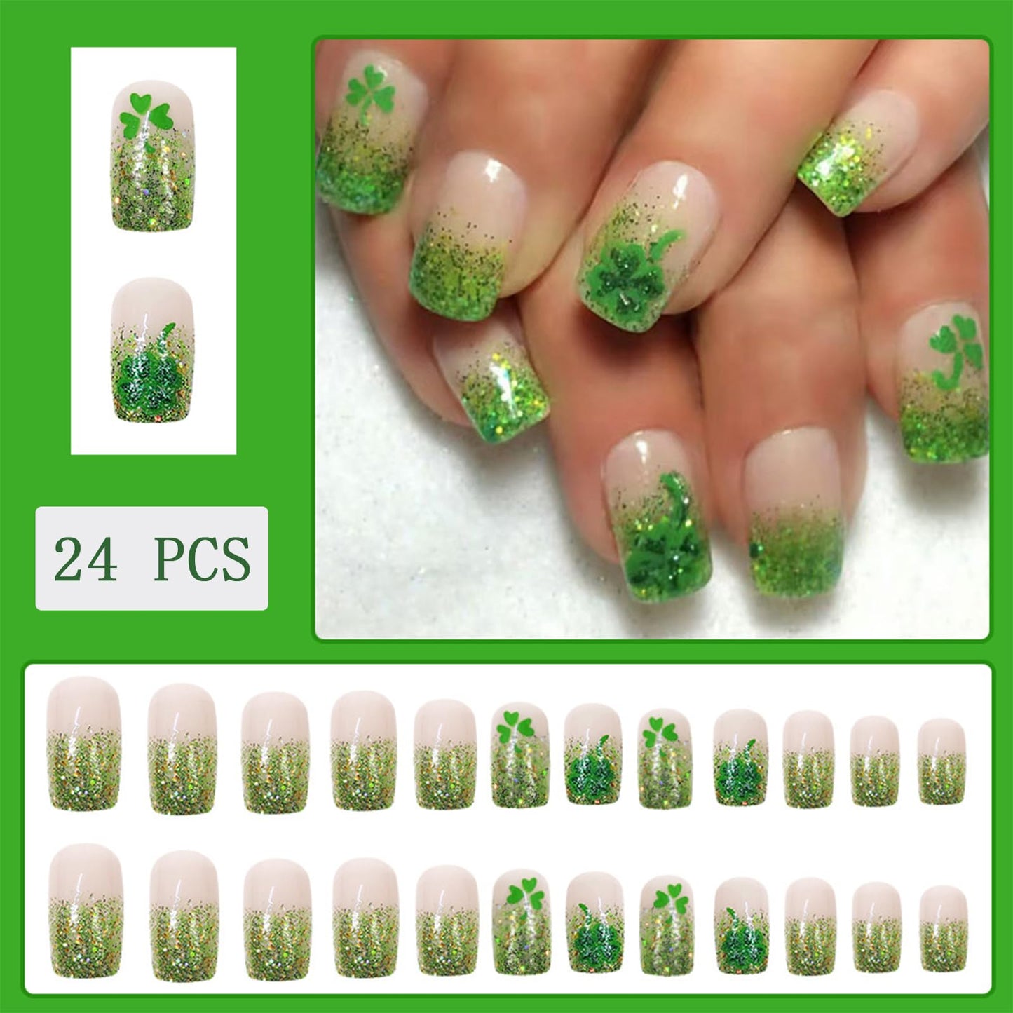 24 Pcs St. Patrick's Day French Tips Press on Nails Green Gradient Fake Nails Medium Square False Nails with Shamrock Designs Green Glitter Acrylic Nails Patrick’s Day for Women