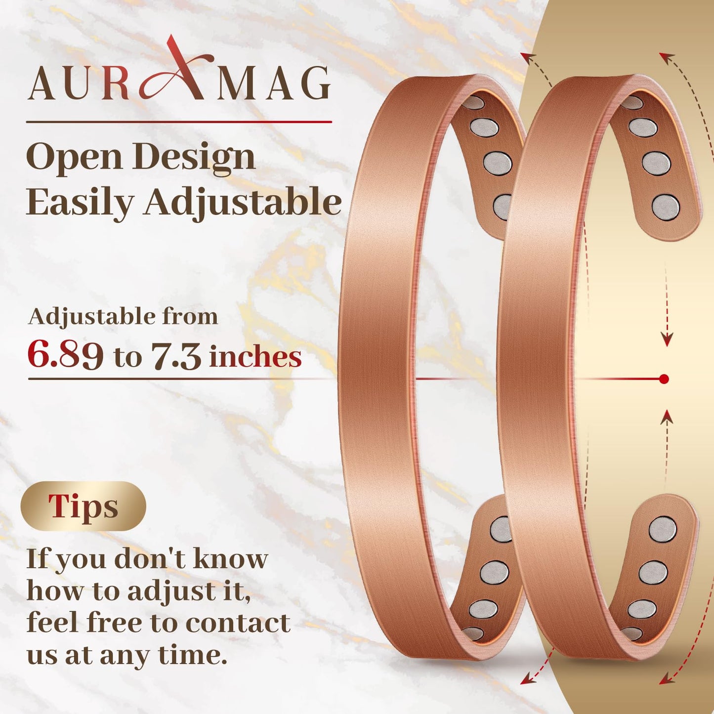 Auramag Copper Bracelets for Women, Magnetic Bracelet for Men with 3500 Gauss Magnets, Adjustable Jewelry with Gift Box(2 PCS)