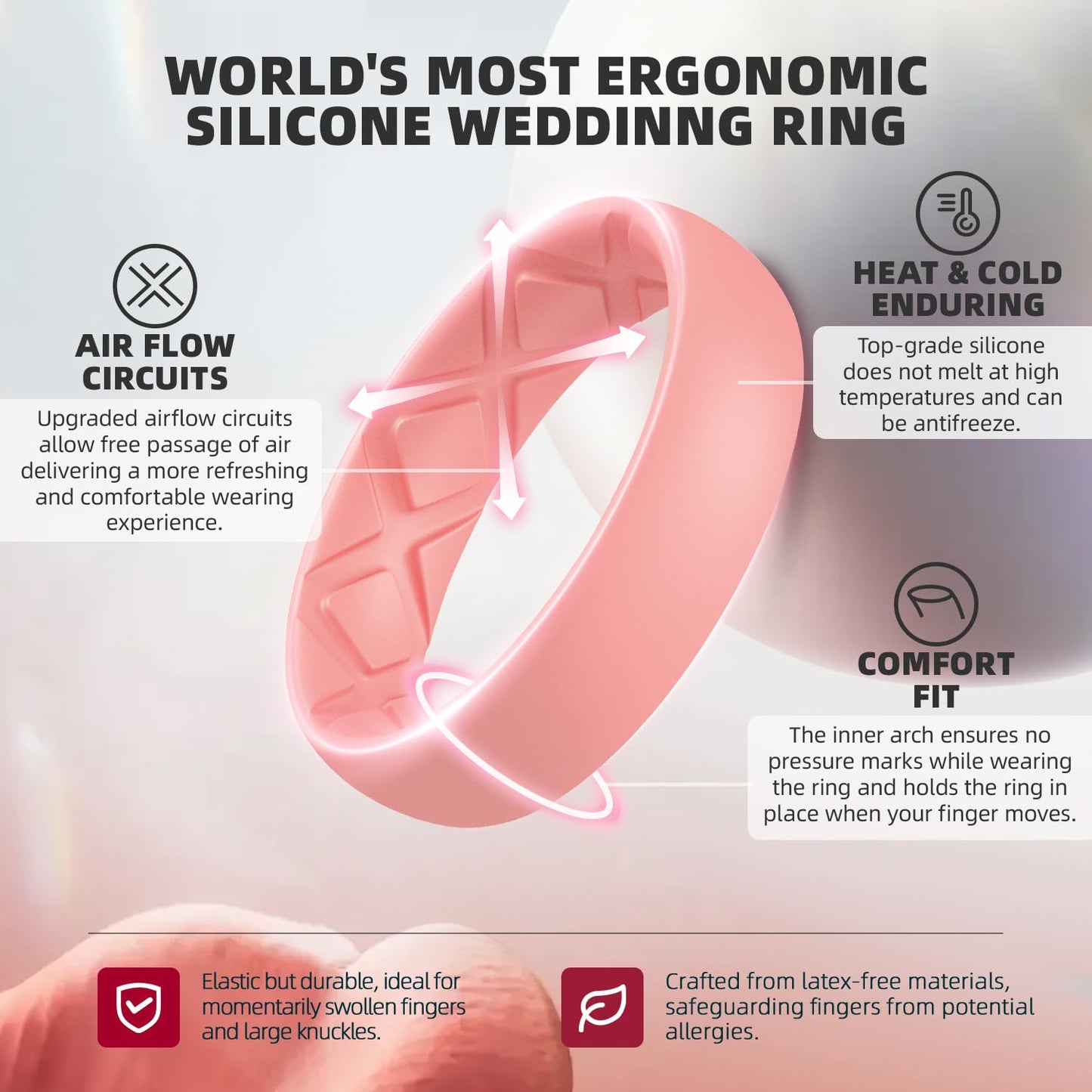 Egnaro Women’s Silicone Engagement Rings, Inner Arc Ergonomic Breathable Design with half sizes, Rubber Wedding Bands，5.5mm Wide-2mm Thick