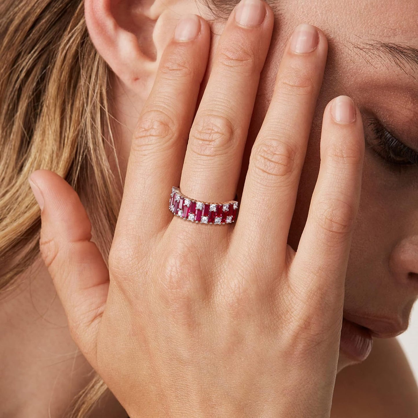 RANDES Ruby Wedding Bands for Her 925 Sterling Silver Emerald Cut Created Red Stone Eternity Band Rings for Women Size 8