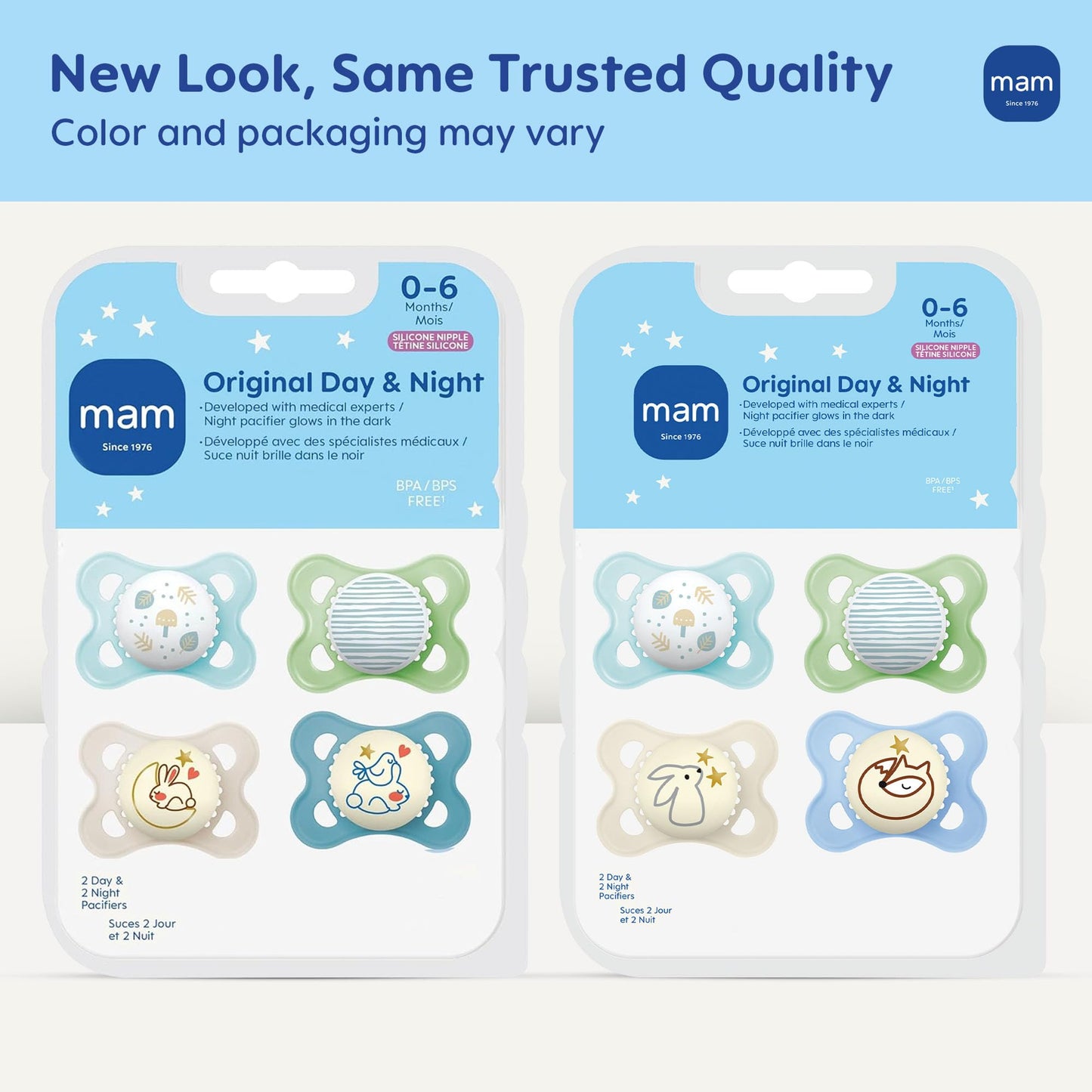 MAM Original Baby Pacifiers 0-6 Months, Binky for Newborn Babies, BPA-Free Skin Soft Silicone Nipple, Glows in The Dark, Developed with Medical Experts, 4 Count, Made in Europe
