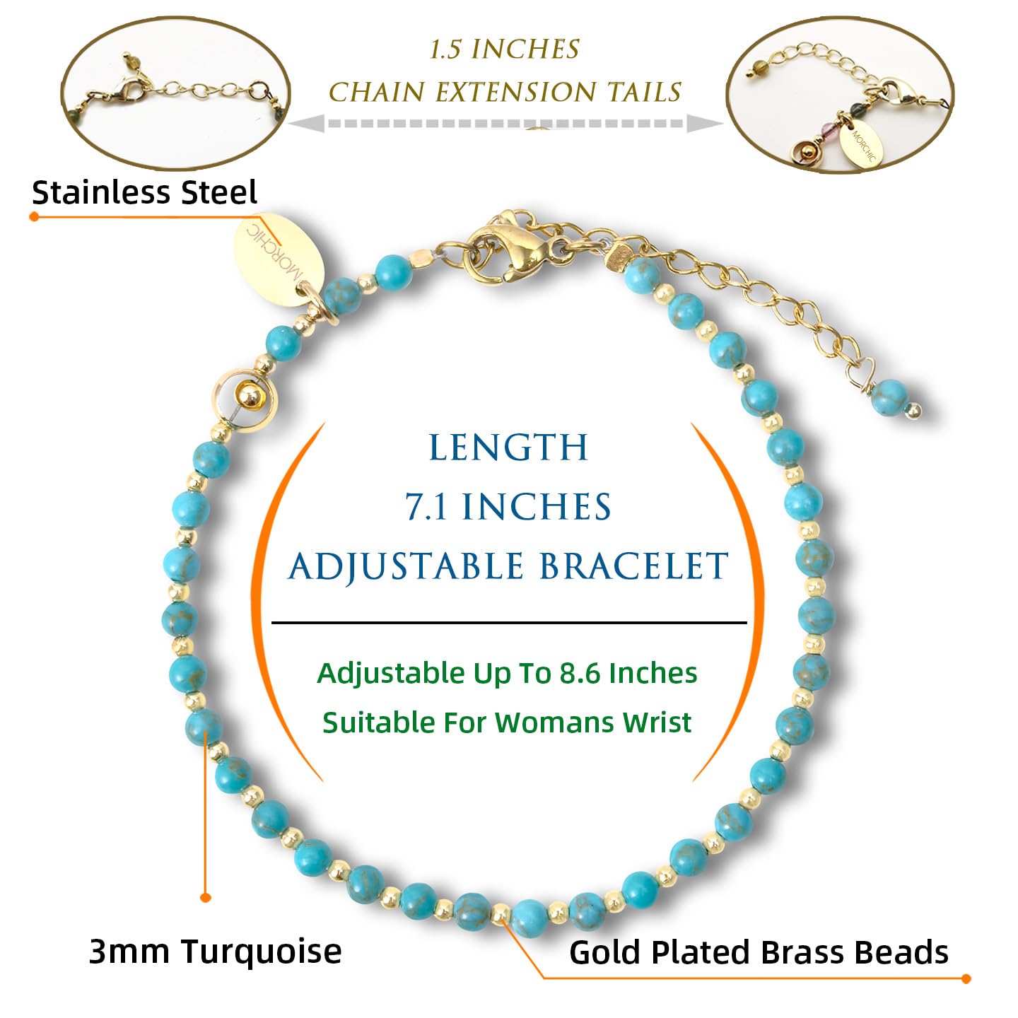 Morchic 3mm Blue Turquoise Natural Gemstone Beaded Bracelet for Women, Dainty Tiny Charm Jewelry, Adjustable 7.1-8.6", Ideal Birthday Holiday Gift