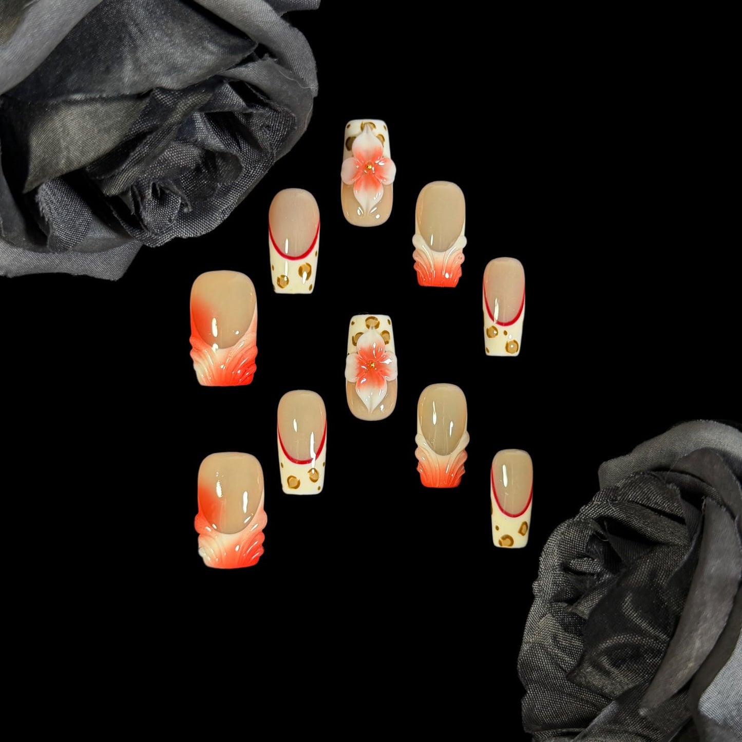 3D Handcrafted Press On Nails Medium/Short Square Length, Red French Tip Fake Nails with Leopard Print & Flower Design, Reusable Acrylic False Nails Crimbon Bloom (M)