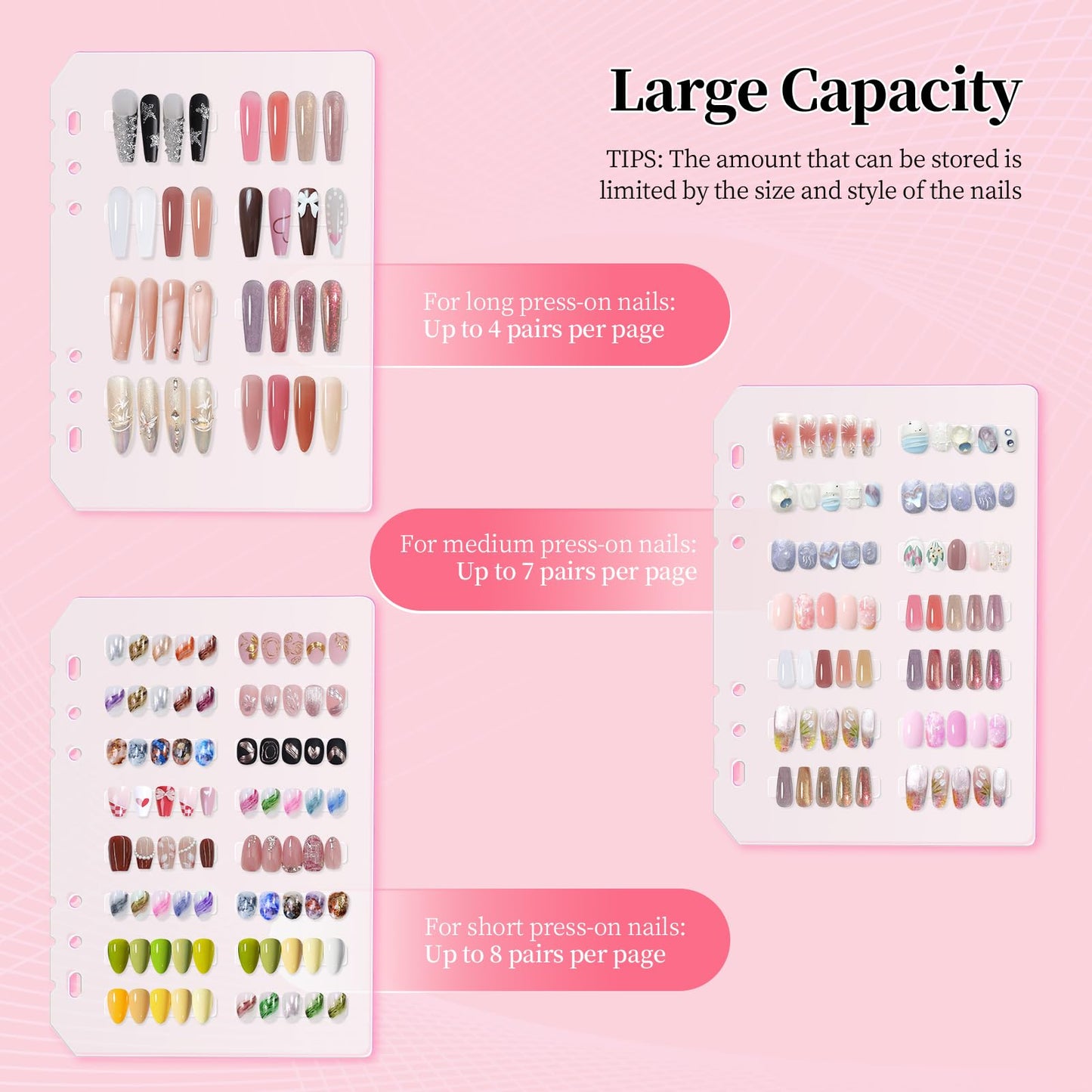 ASTONFOG Press on Nail Organizer Binder Book, 8 A5-Sized Insert Pages & Double Sized Tape, Press on Nails Display Storage Book, Reusable Fake Nail Swatch Collecting Book (Pink)
