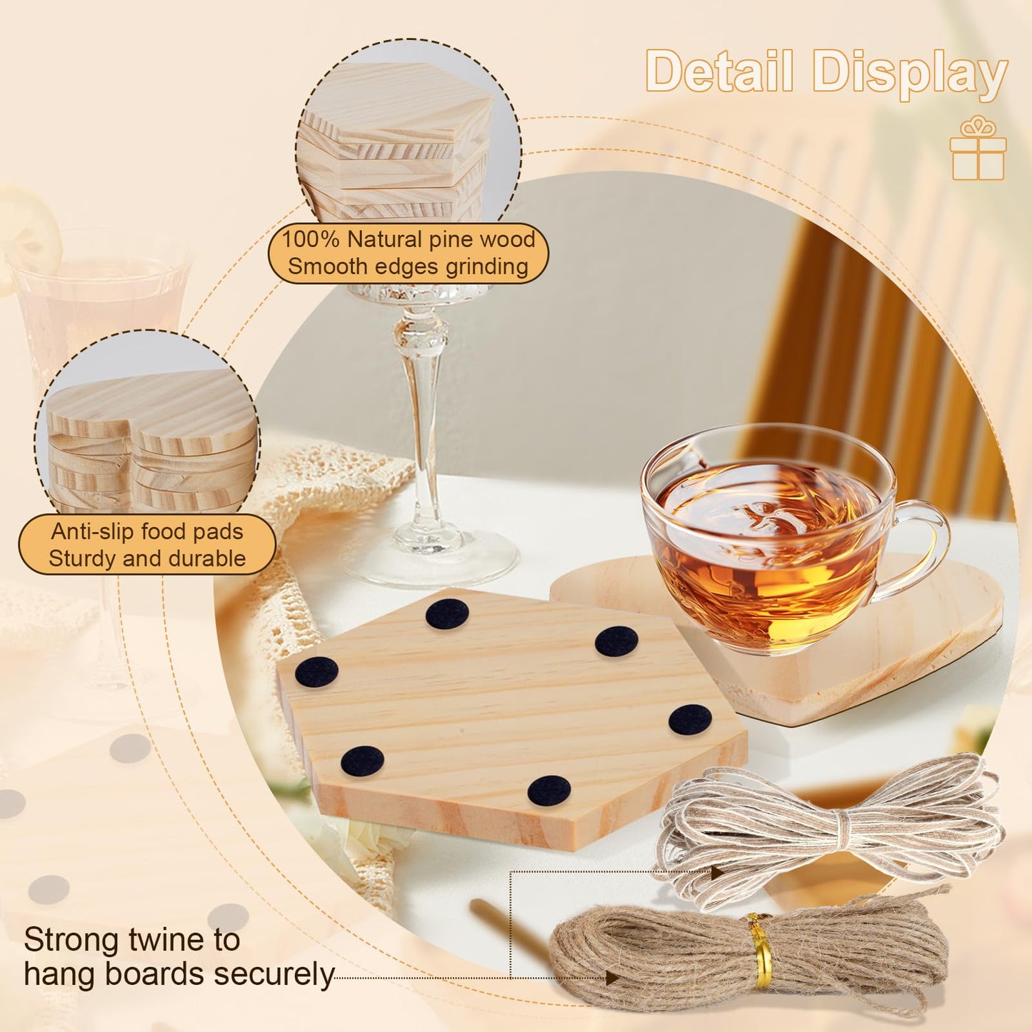 Jurtmy 48 Pcs Unfinished Wood Coasters, DIY Blank Coasters for Crafts,with Non Slip Pad, for Wood Engraving,Painting,Christmas Wedding Home Café Decor (48 Pcs-Hex&Heart)