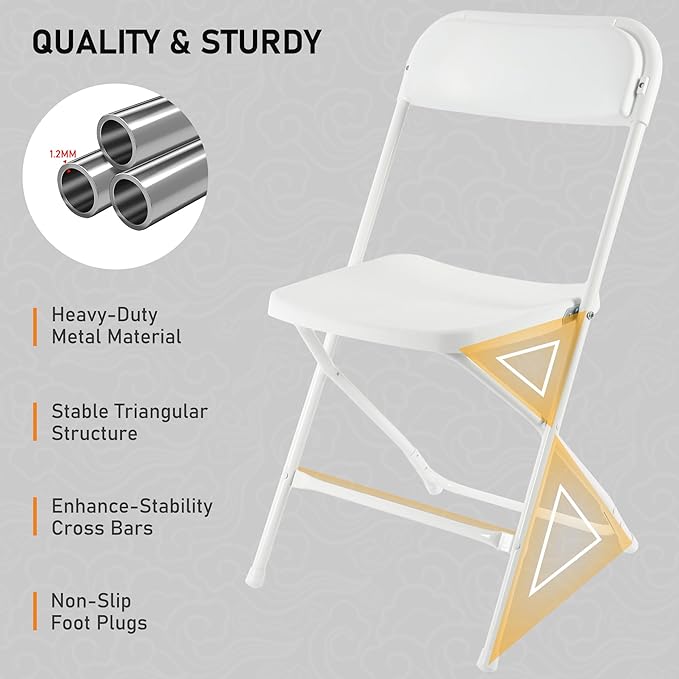 SEALAMB 6 Pack White Plastic Folding Chairs for Indoor Outdoor, Portable Commercial Seat with Steel Frame for Home Office Wedding Party Events, 350lb Capacity (White-Plastic, 6 Pack)