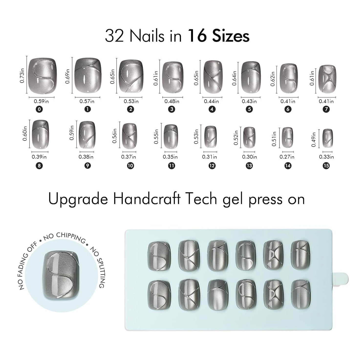VSALON Square Short Press on Nails, Silver Gray 3D Urban Punk Style Cat Eye Nail Kit & Blue Cat Eye Mini Pack