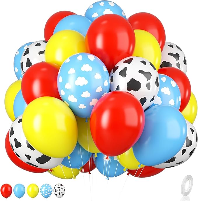 Color Balloons - 12 Inch Red, Blue, Yellow Cow Print Sky Blue Cloud Story Balloons for Party Themed Decor