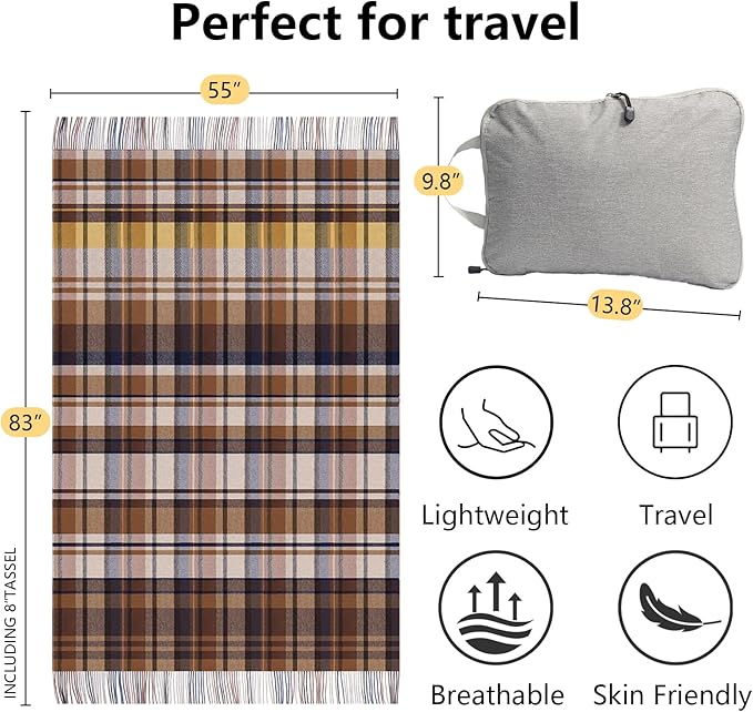 Throw Blanket Plaid with Carry Bag | Soft Wool Travel Blanket 55"x83" 2lbs| Mocha Brown Plaid Decorative Throw for Couch, Camping & Gift