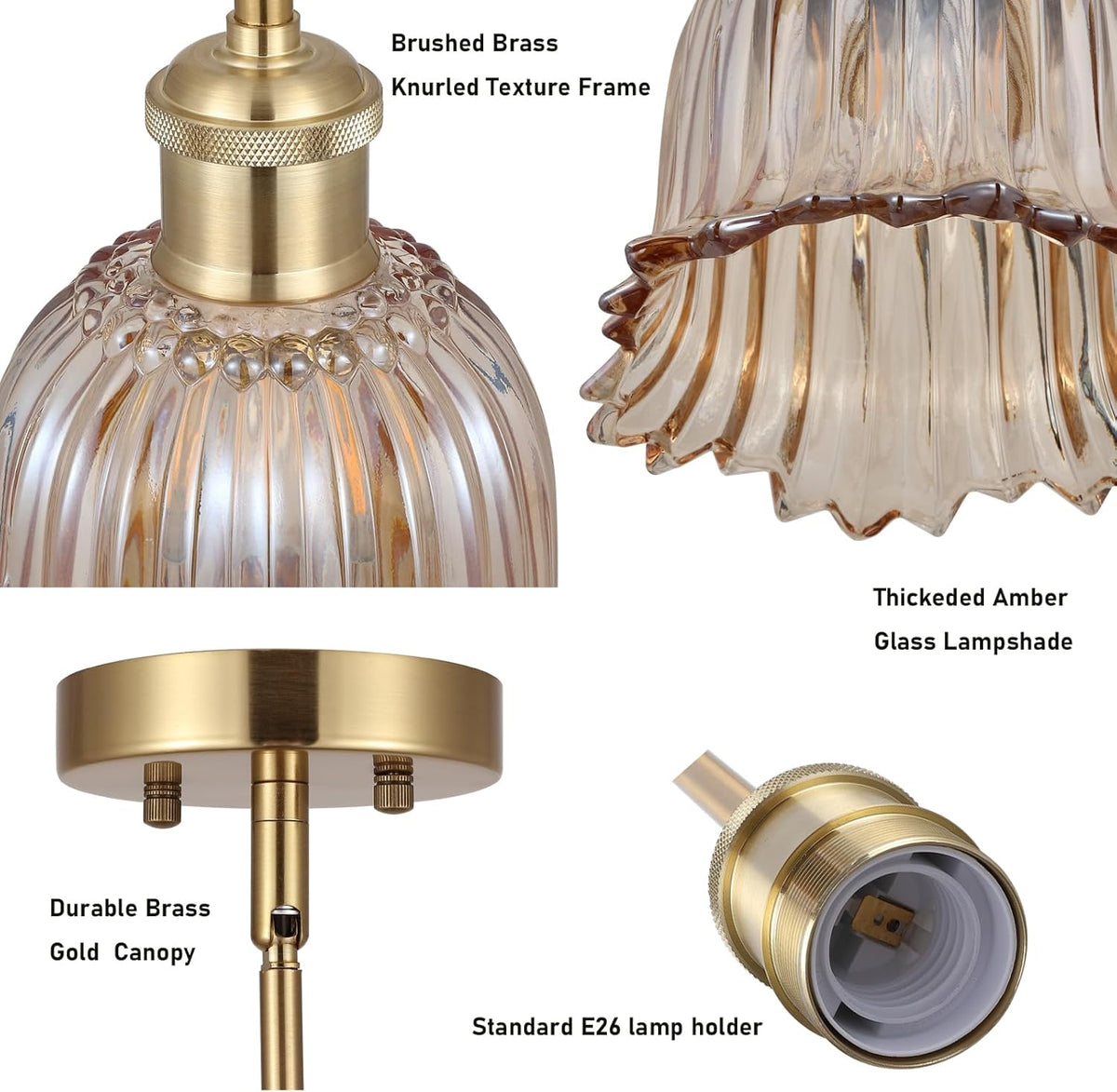 Modern Gold Pendant Light Brushed Brass Mid Century Chandelier Amber Glass Shades Adjustable Rods Farmhouse Ceiling Hanging Lighting Fixture Kitchen Island Dining Room Bedroom