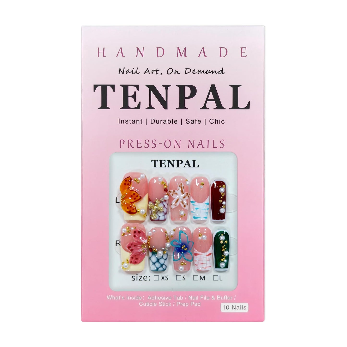 TENPAL Colorful French Tip Press on Nails Medium Coffin Square with 3D Shell Ocean Designs,Handmade Removable Glitter Salon Acrylic False Nails for Women Daily Wear 10pcs(M)
