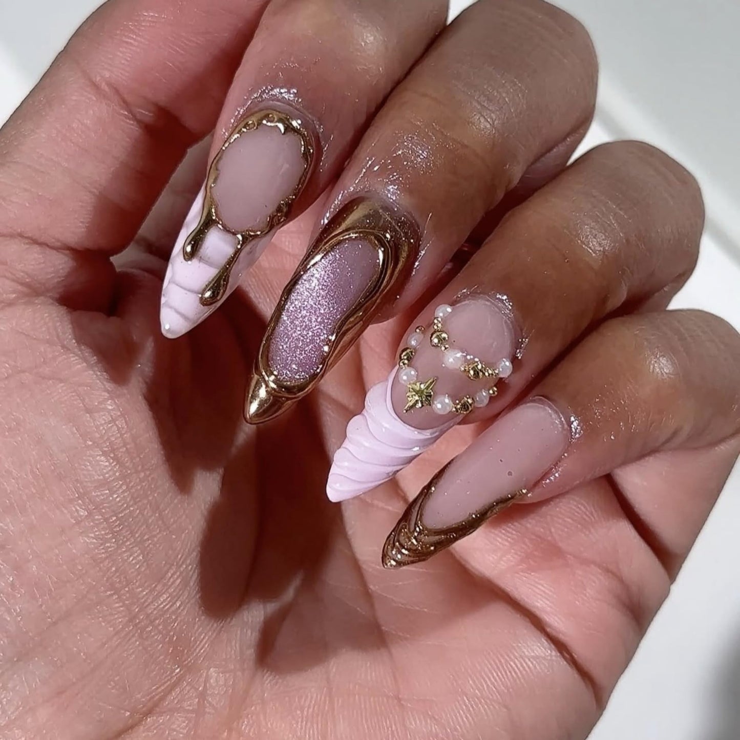 Almond Press on Nails Long Fake Nails Pink Artificial Nail Gold Charm Designs Stick on Nail for Women 24pcs