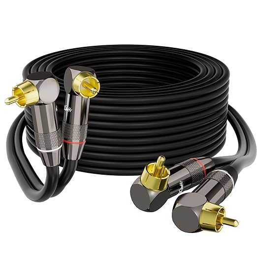 Right Angle RCA Cable 6 FT, 90 Degree 2RCA to 2RCA Stereo Audio Cable, Zinc Alloy Shell, Gold-Plated Plug, 2 RCA Audio Cord, for Home Theater, Subwoofer, HDTV, Amplifier, Hi-Fi System, Car, Speaker