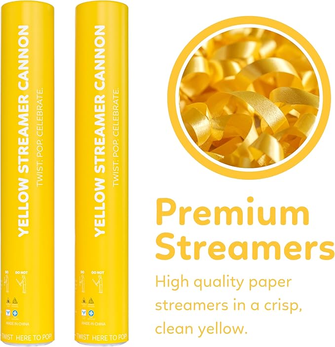 2 Pack Streamer Cannon Confetti Poppers | Biodegradable Yellow Confetti | TUR Party Supplies | Launches Up to 25ft | Giant (12 in) | Party Poppers for Graduation, Birthdays, Weddings, and Memorial Day