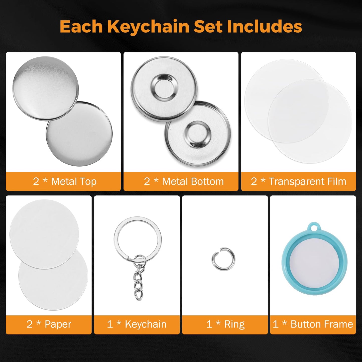 BEAMNOVA 50 Sets of Button Maker Supplies for 32mm 1.26 in (1-1/4 inch) Double-Sided Keychain Metal Parts for Hand Press Round Badge Crafts Making Machine