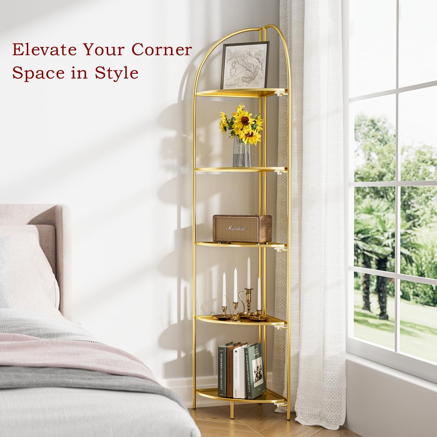 Crofy Foldable 5 Tier Corner Shelf, Metal Corner Plant Stand with Gold Frame and Gold Shelves, Corner Display Rack Multipurpose Shelving Unit for Living Room, Bedroom, Bathroom