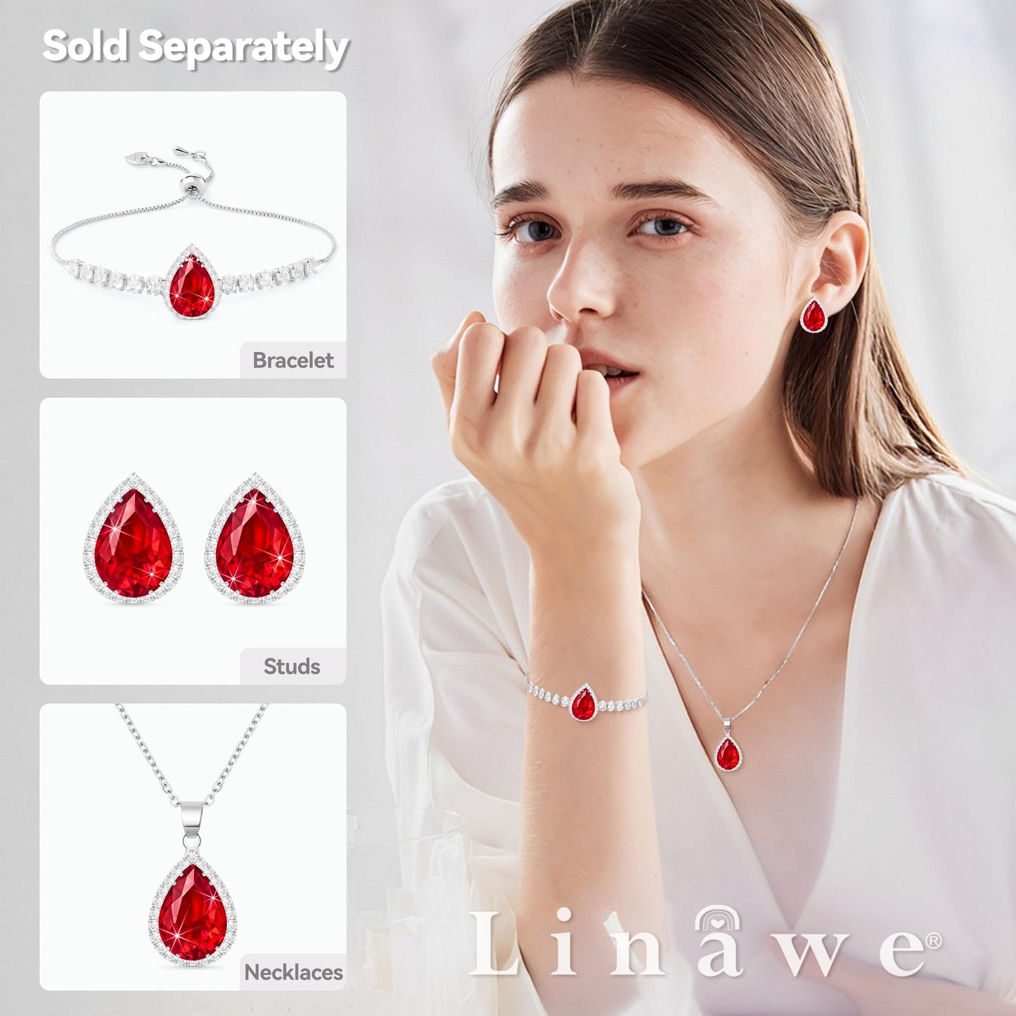 Linawe Silver Red Imitation Diamond Stud Earrings for Women, Ruby Cubic Zirconia Teardrop Rhinestone Crystal Earrings Studs, Wedding Earrings Bridal Bridesmaid, Ear Piercing Jewelry