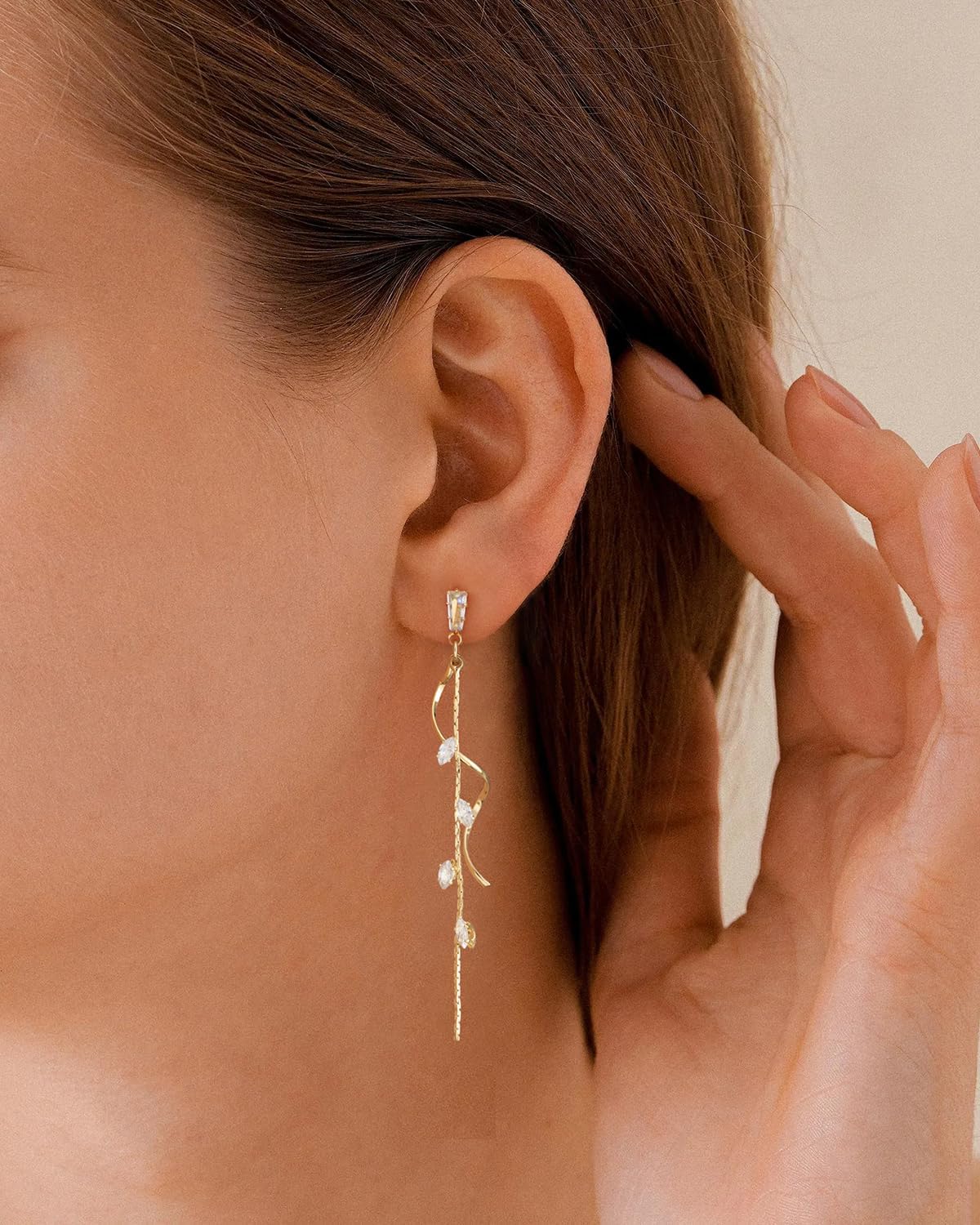 PRTGL Dangle Earrings - 14K Gold Plated Twisted Curve Long Dangle Earrings for Women with Cubic Zirconia