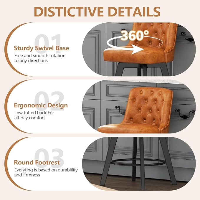 MINCETA Bar Stool, PU Leather Barstool, 26 Inch Upholstered Counter Stool with Low Tufted Back and Footrest, Swivel Counter Height Barstool for Kitchen Island Home Bar Brown