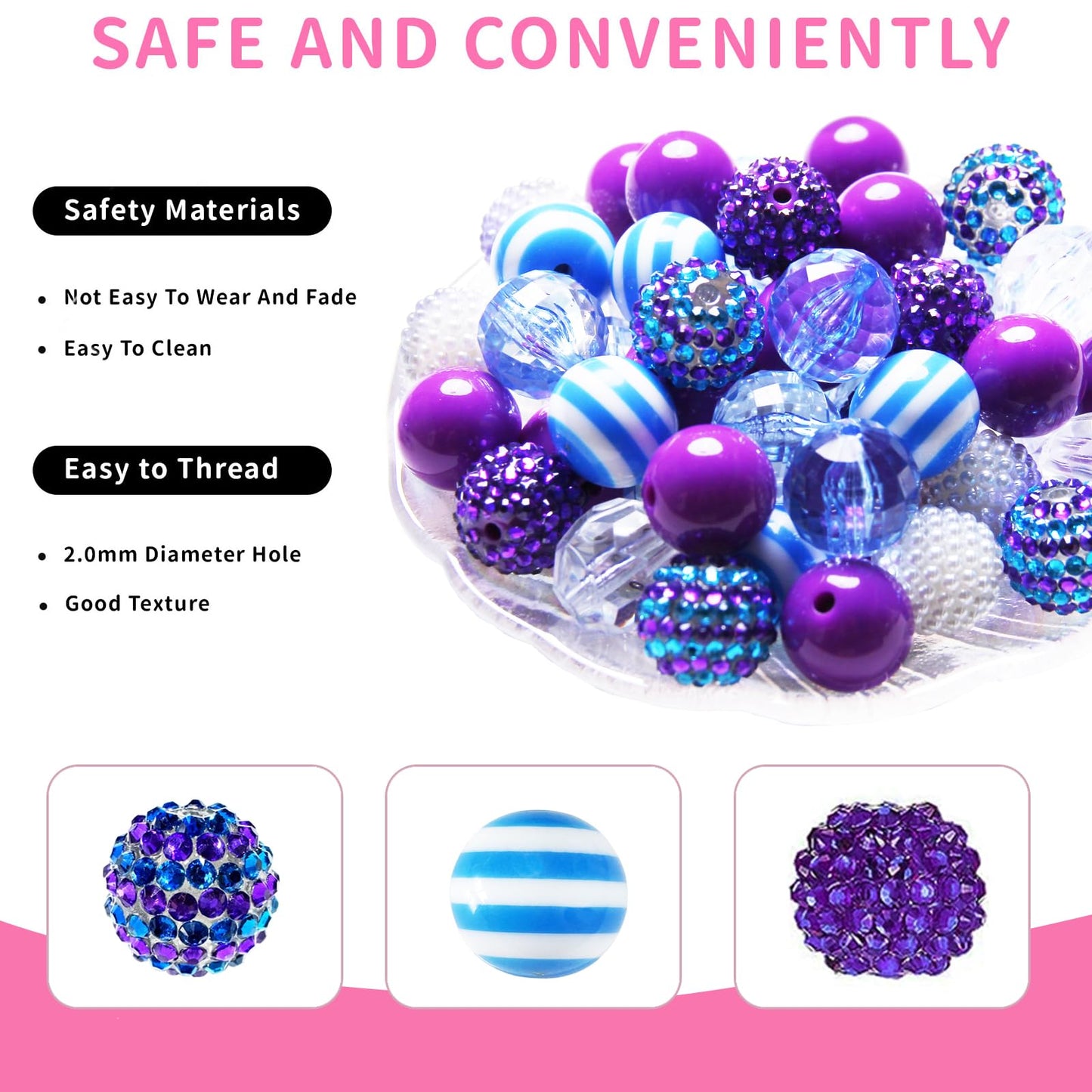 48 Pcs 20mm Beads for Pens Rhinestone Bubblegum Beads Blue Purple Crystal Acrylic Round Chunky Bead Sparkly Craft Large Balls Bead for Pen Beadable Keychain Bracelet DIY Jewelry Making Supplies