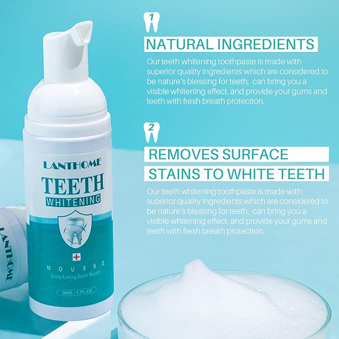 LANTHOME White Foam Teeth Whitening Products (3PCS) Easy to Use Teeth Whitener Foam for White Teeth-Tooth Whitening Mousse
