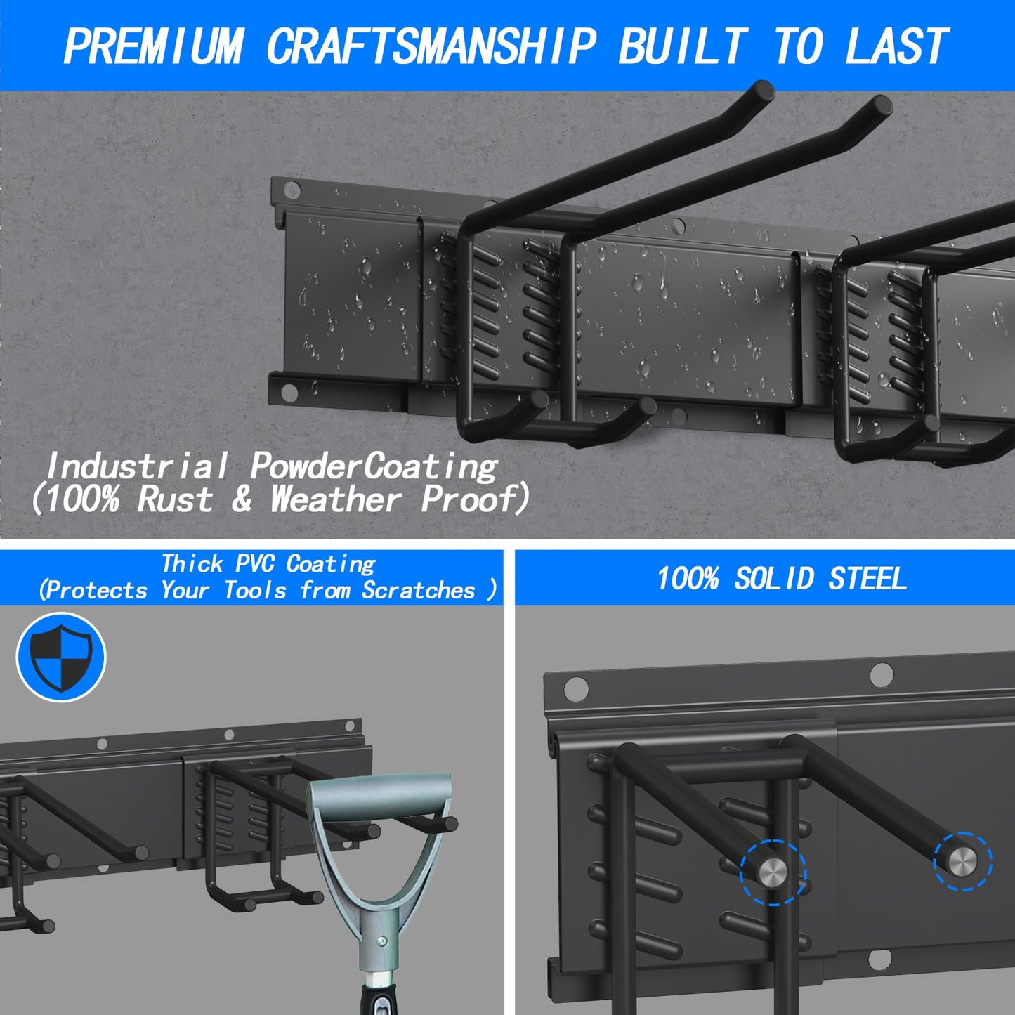 CBWLWJ Garage Tool Organizer Wall Mount, 64 inch Garage Wall Organizer, 680lbs Sturdy Garden Tool Organizer with 12 Adjustable Hooks, for Yard, Shed, Basement, Workshop(Black)