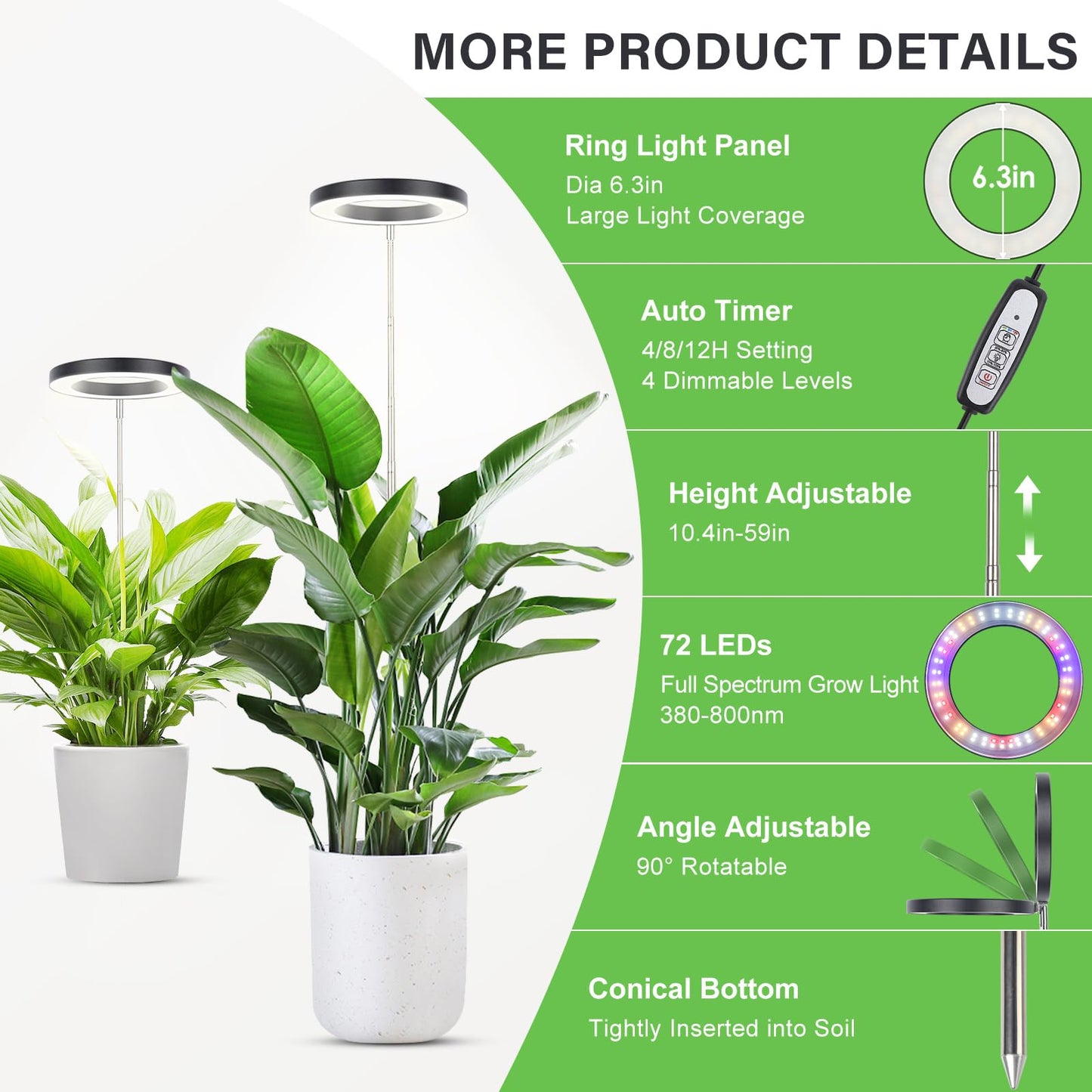 LBW Plant Grow Light, 72 LEDs Full Spectrum Grow Lights for Indoor Plants, Brightness Adjustable Plant Light with Auto 4/8/12H Timer, 10.4”-59” Height Adjustable, Ideal for Large Tall Plants, Black
