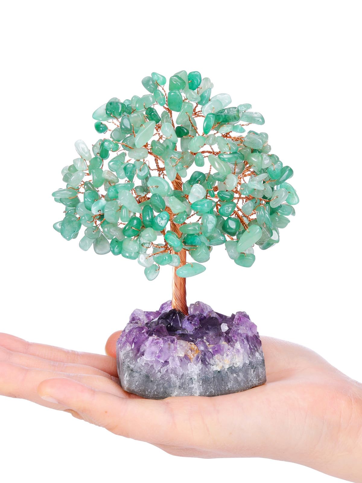 Jovivi Natural Green Aventurine Healing Crystal Money Tree on Amethyst Cluster Geode Druzy Base Feng Shui Crystals for Home Office Desk Decorations, Wealth, Good Luck