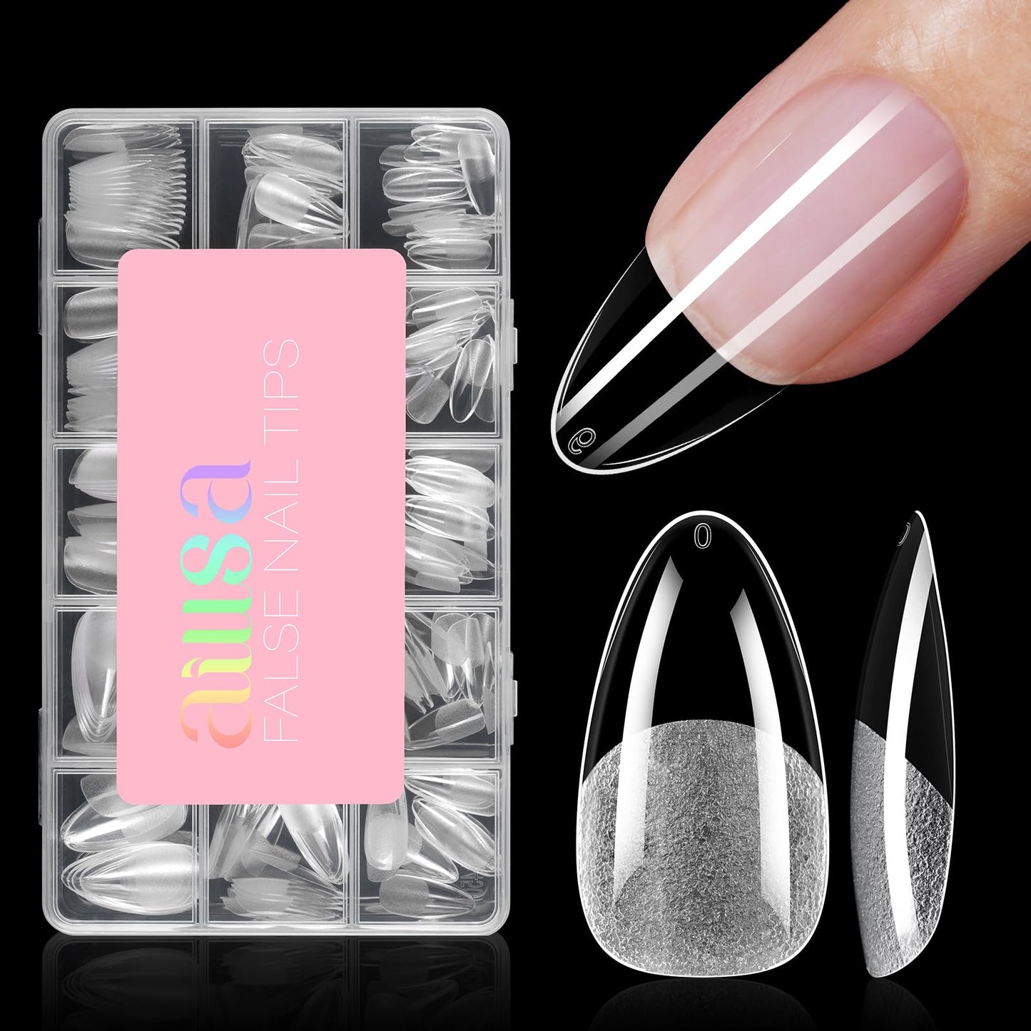 AILLSA Medium Almond Shaped Nail Tips - 15 Sizes 240pcs Acrylic Nails Tip Full Cover Half Matte Nails Tips Press on Nails for DIY Home Salon