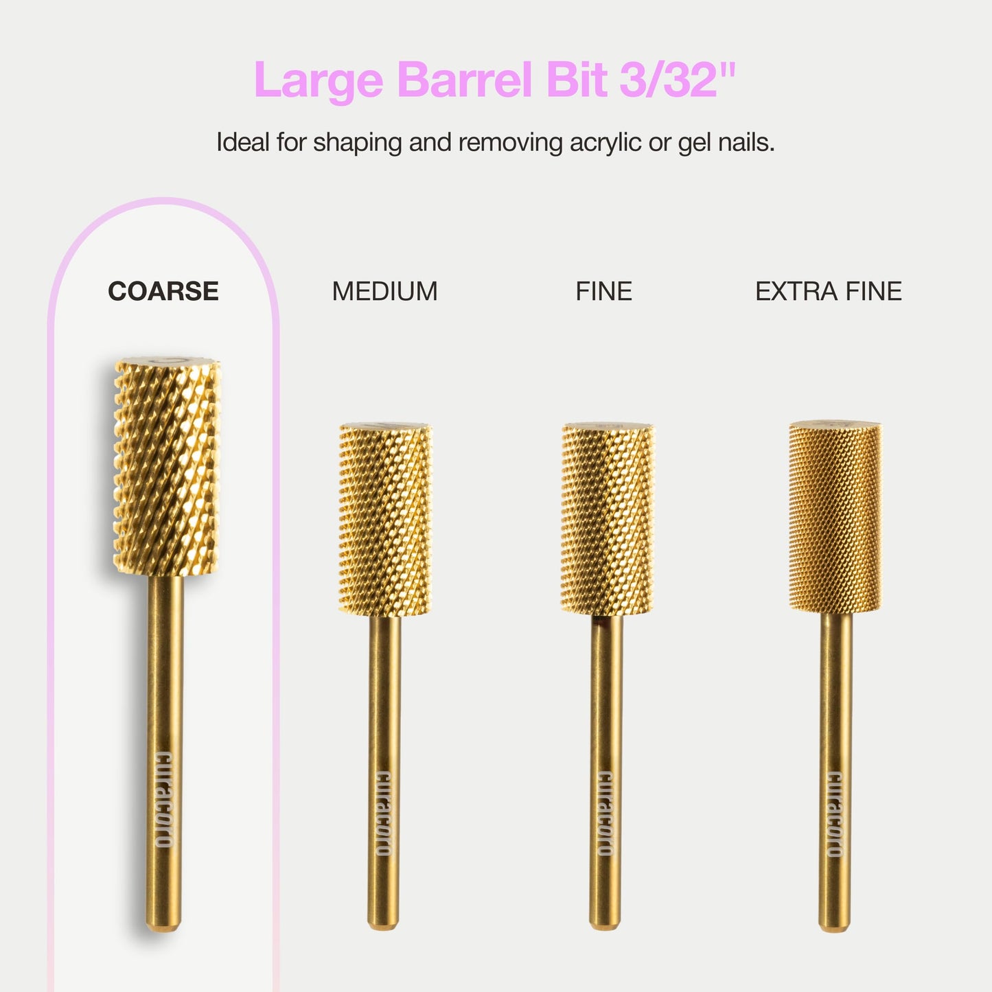 Curacoro Nail Drill Bits 3/32'' - Safe Smooth Stop Large Barrel Carbide Bit (Coarse), Fast Remove Acrylic or Gel Nails, Long-lasting Bits for Nail Beds, Nail Art Salon & Home