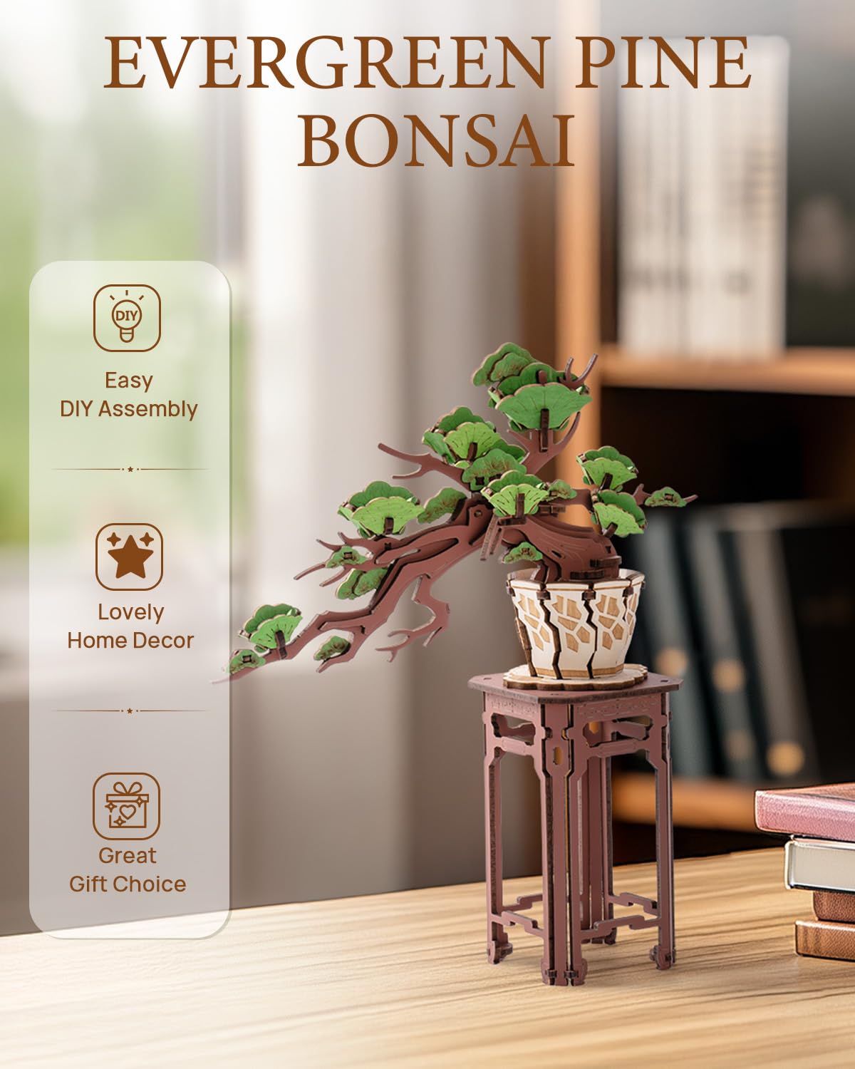 Wowood 3D Wooden Puzzle for Adults - Evergreen Pine Bonsai, DIY Wood Model Kit, Creative Craft Kit, Unique Gift and Home Decor for Nature Lovers (115PCS)
