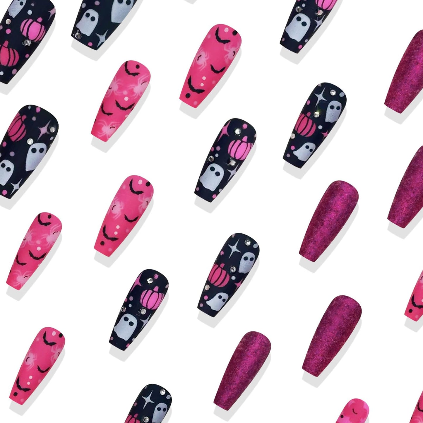 IMSOHOT Press on Nails - Pink Black, Long Coffin Fake Nails with Ghost, Bat, Spider Designs Full Cover Glue on Nails Cute Glitter Ballerina False Nails for Women Nail Decoration