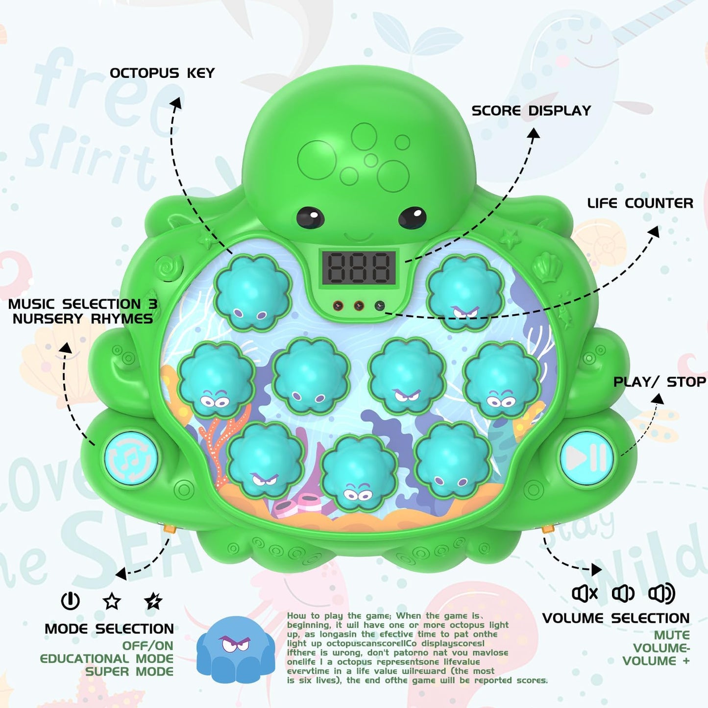 JOYBLI Octopus Vitality Strike Game, Educational Musical Whack-A-Mole Toy with 2 Game Modes, Digital Score Display, Toddler Early Developmental Learning Toy, Fun Birthday Gift for Kids Age 2+
