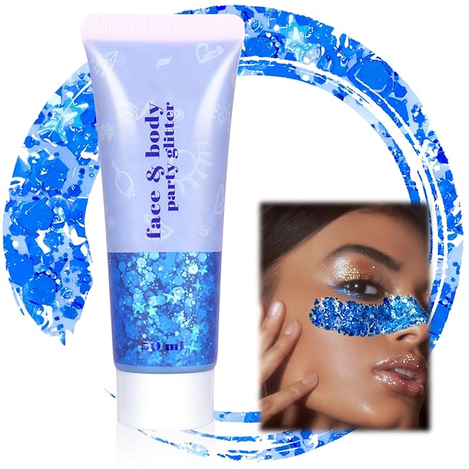 Boko 50ML Body Glitter Gel, Blue Mermaid Chunky Glitter Gel for Face Hair Body Sparkle Makeup, Cosmetic Face Glitter Sequins for Festival Concert Party Event Rave Accessories