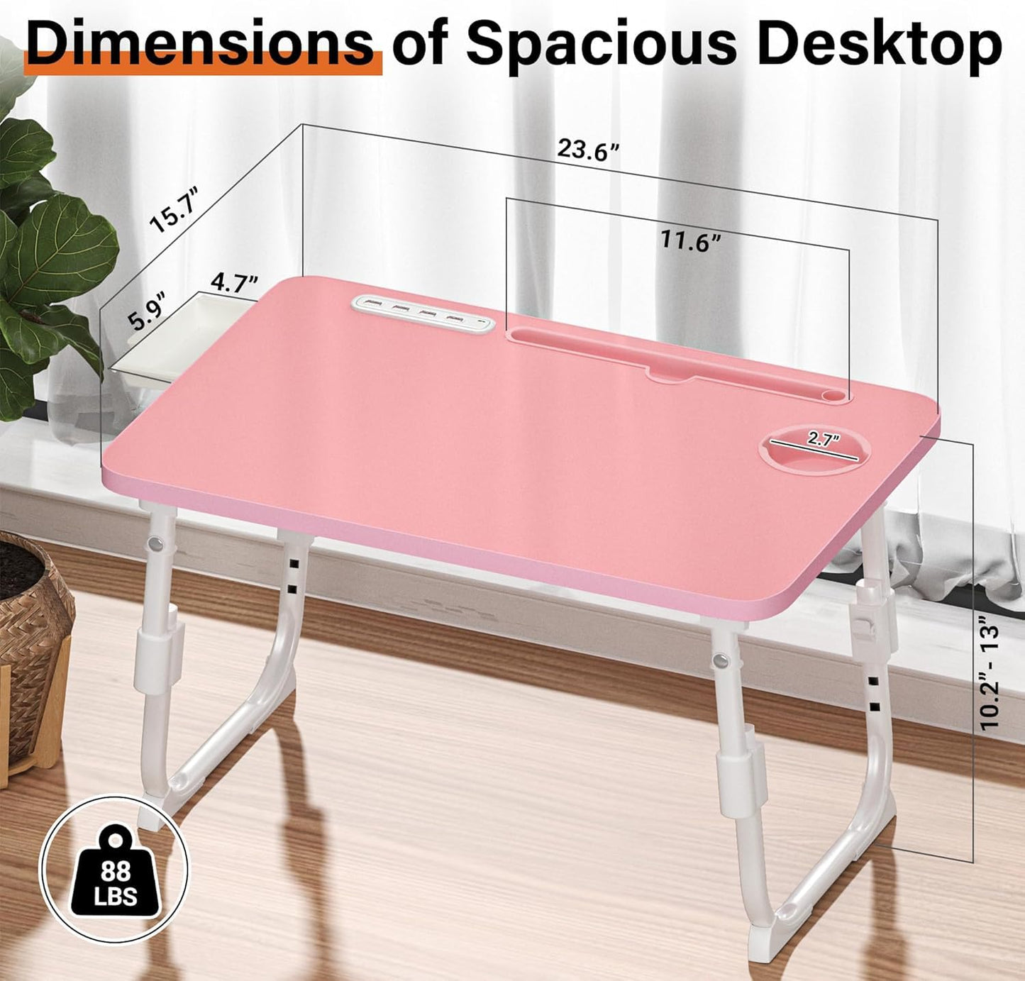 DECOSIS Bed Desk Height Adjustable, Bed Laptop Table with USB/Storage Drawer/Cup Holder/Tablet Stand/Book Shelf, Foldable Breakfast Tray Portable for Reading Writing, Bed, Sofa & Floor, Wood, Pink