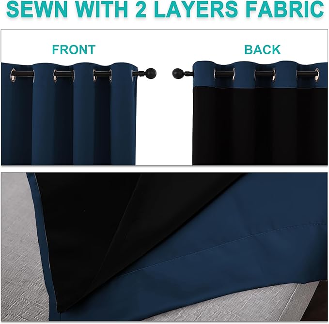 NICETOWN Moroccan Blue 100% Blackout Curtains 2 Panels with Black Liners, Thermal Insulated Full Blackout 2-Layer Lined Drapes, Noise Cancellation Window Draperies for Dining Room (42" W by 54" L)