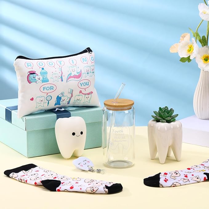 Pickmesh 6 Pcs Dental Gifts Nurse Assistant Hygienist Gifts 16 oz Glass Cups with Lid Makeup Bag Smiling Tooth Shape Felt Badge Holder Ceramic Pen Toothbrush Pot for Women Coworkers(White)