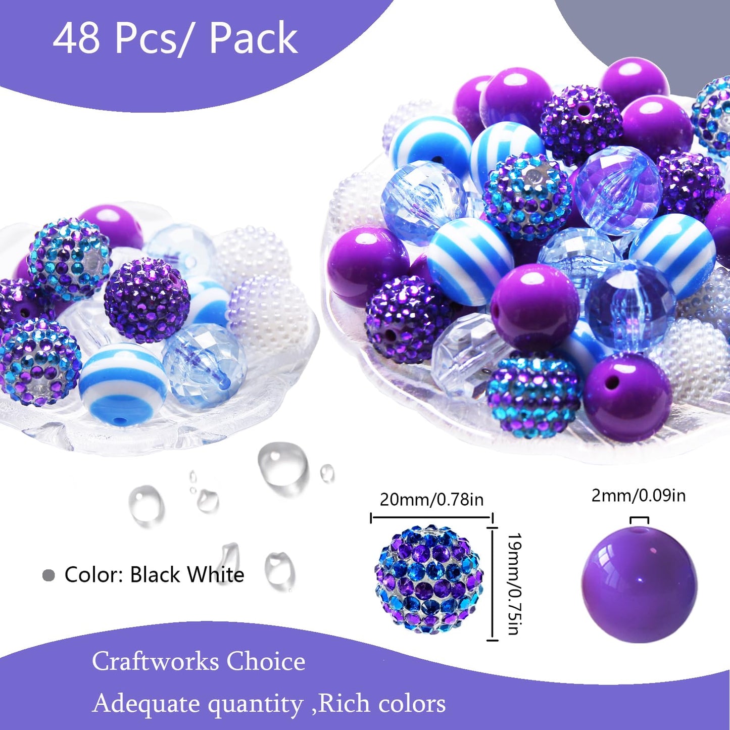 48 Pcs 20mm Beads for Pens Rhinestone Bubblegum Beads Blue Purple Crystal Acrylic Round Chunky Bead Sparkly Craft Large Balls Bead for Pen Beadable Keychain Bracelet DIY Jewelry Making Supplies
