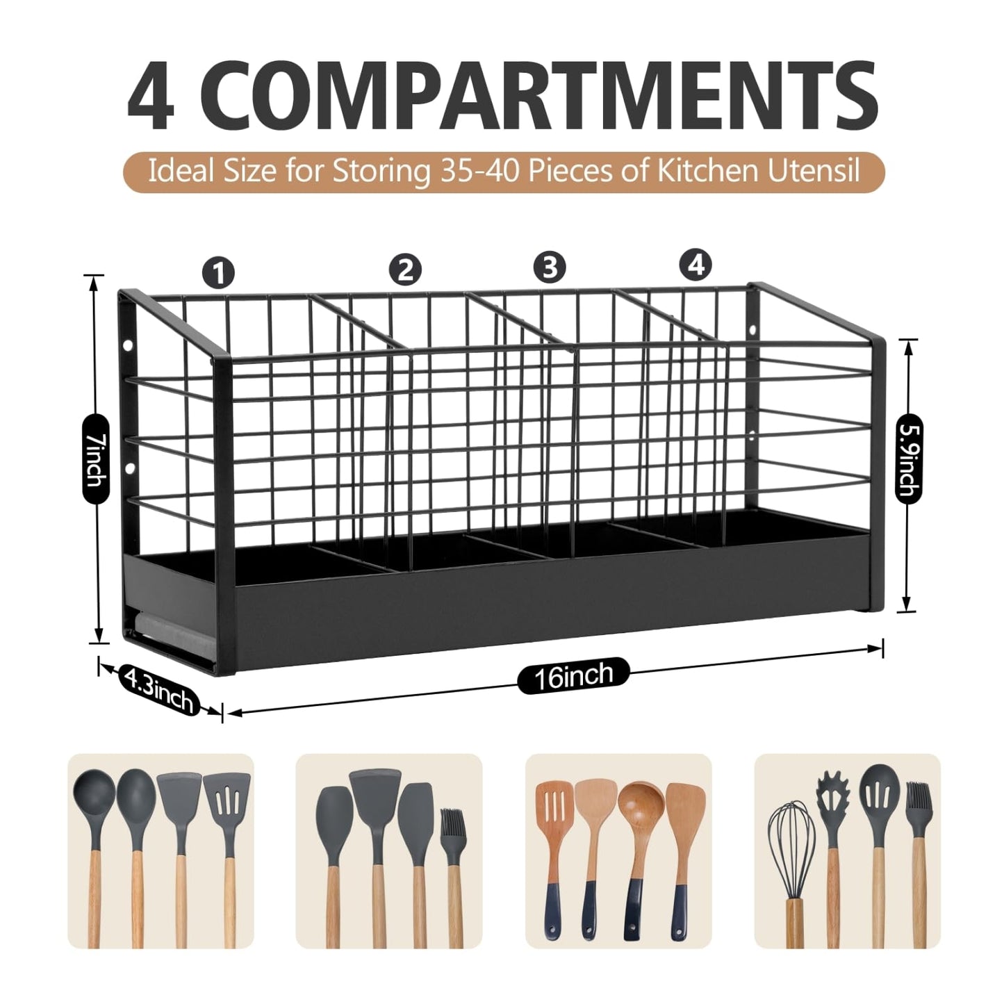 Dual-Use Large Utensil Holder with Effective Bottom Fence for Kitchen Counter & Wall Mount, 4-Compartment Organizer with Diatomaceous Earth Drying Mat, Holds 40 Cooking Tools, Iron, Matte Black 16 in
